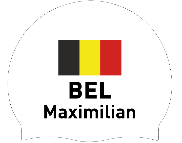 Silicone Badmuts Wit met Vlag België en individuele Naam - Maximiliaan