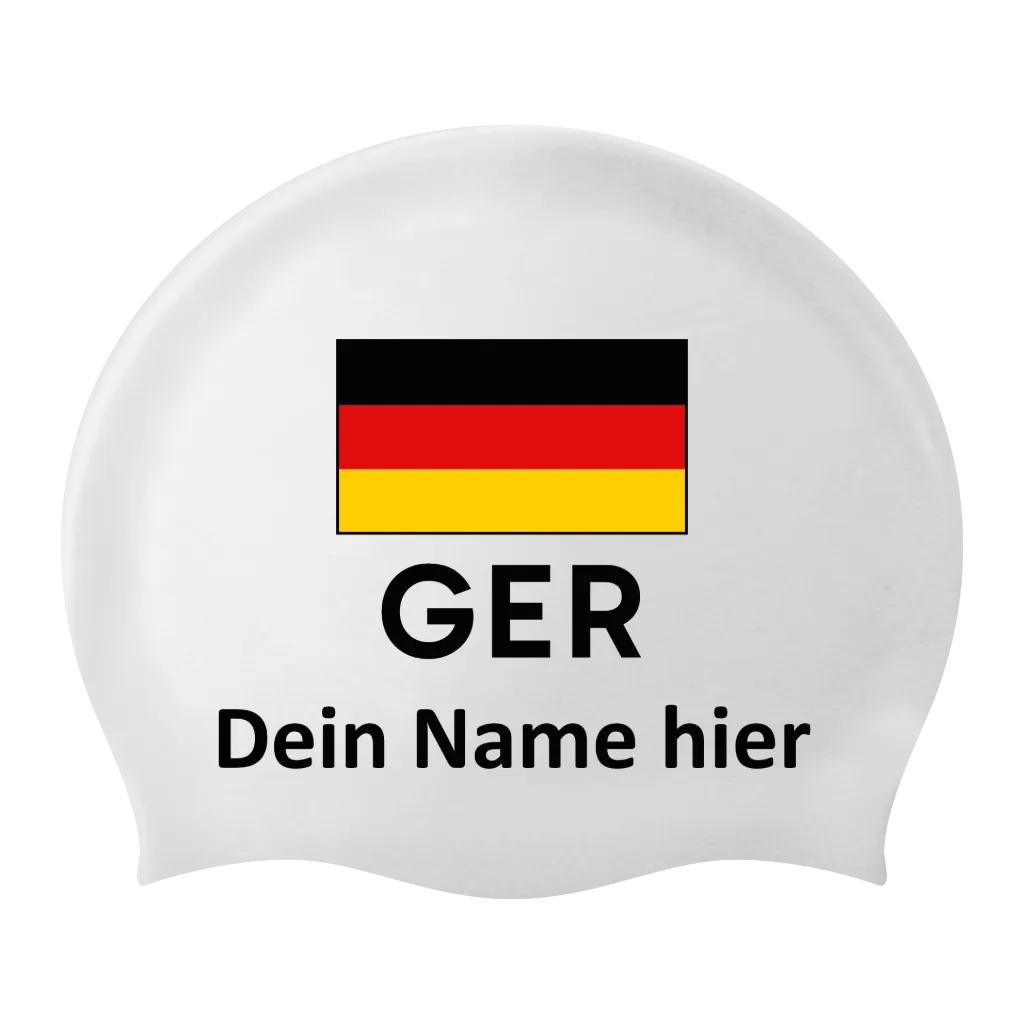 Weiße Badekappe mit Namen aus Silikon mit Flagge Deutschland - 2 Stück