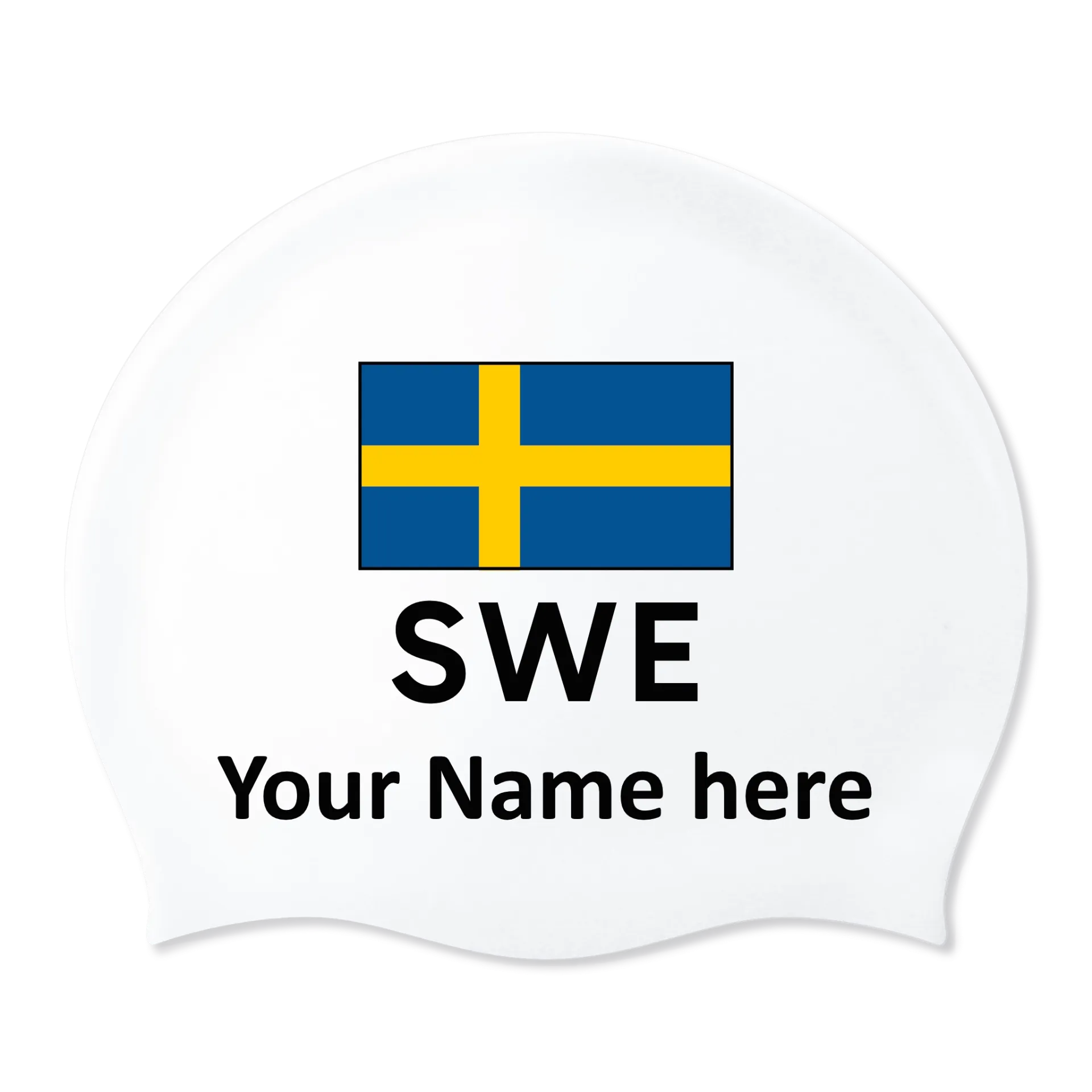 Silicone Swim Cap White with Individual Name and Flag Sweden - 2 pieces