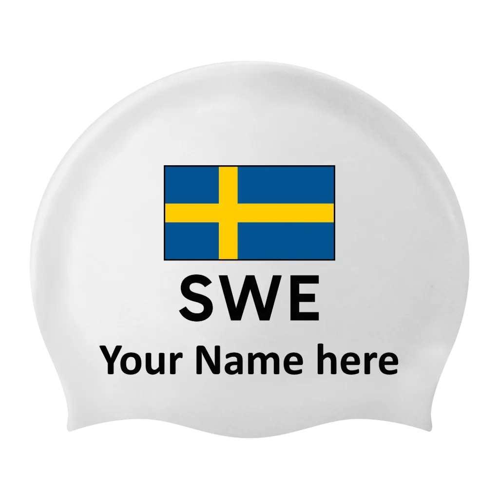 Weiße Badekappe aus Silikon mit individuellem Namen und Flagge Schweden - 2 Stück