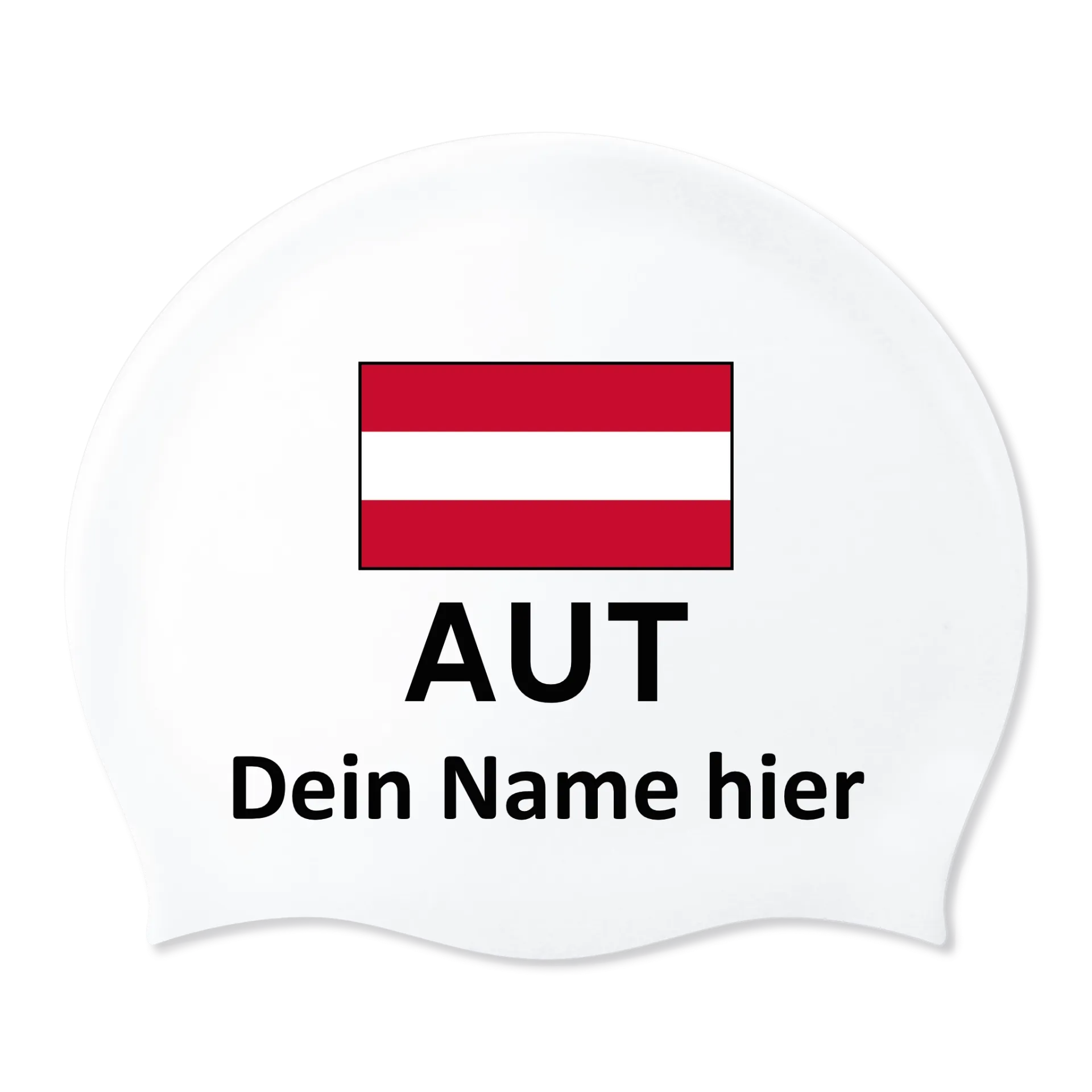 Bonnet de bain en silicone blanc avec nom individuel et drapeau Autriche - 2 pièces