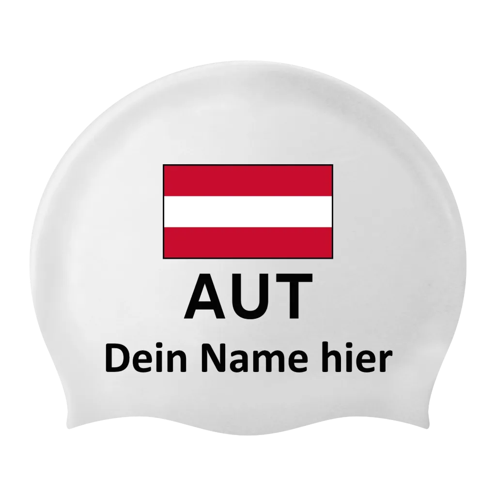 Bonnet de bain en silicone blanc avec nom individuel et drapeau Autriche - 2 pièces