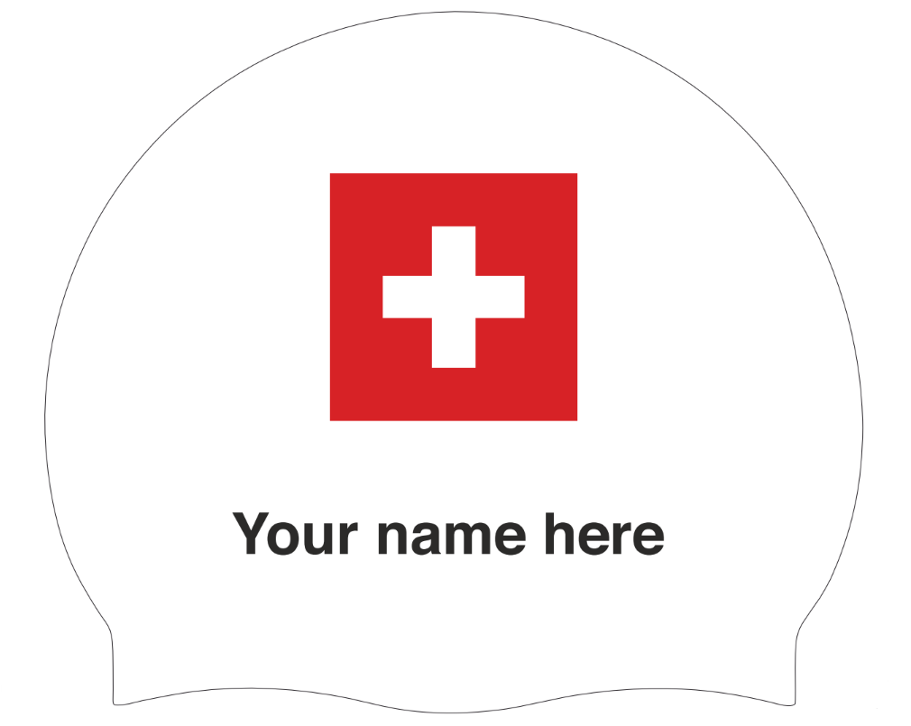 Bonnet de bain en silicone blanc avec nom individuel et drapeau Suisse - 2 pièces