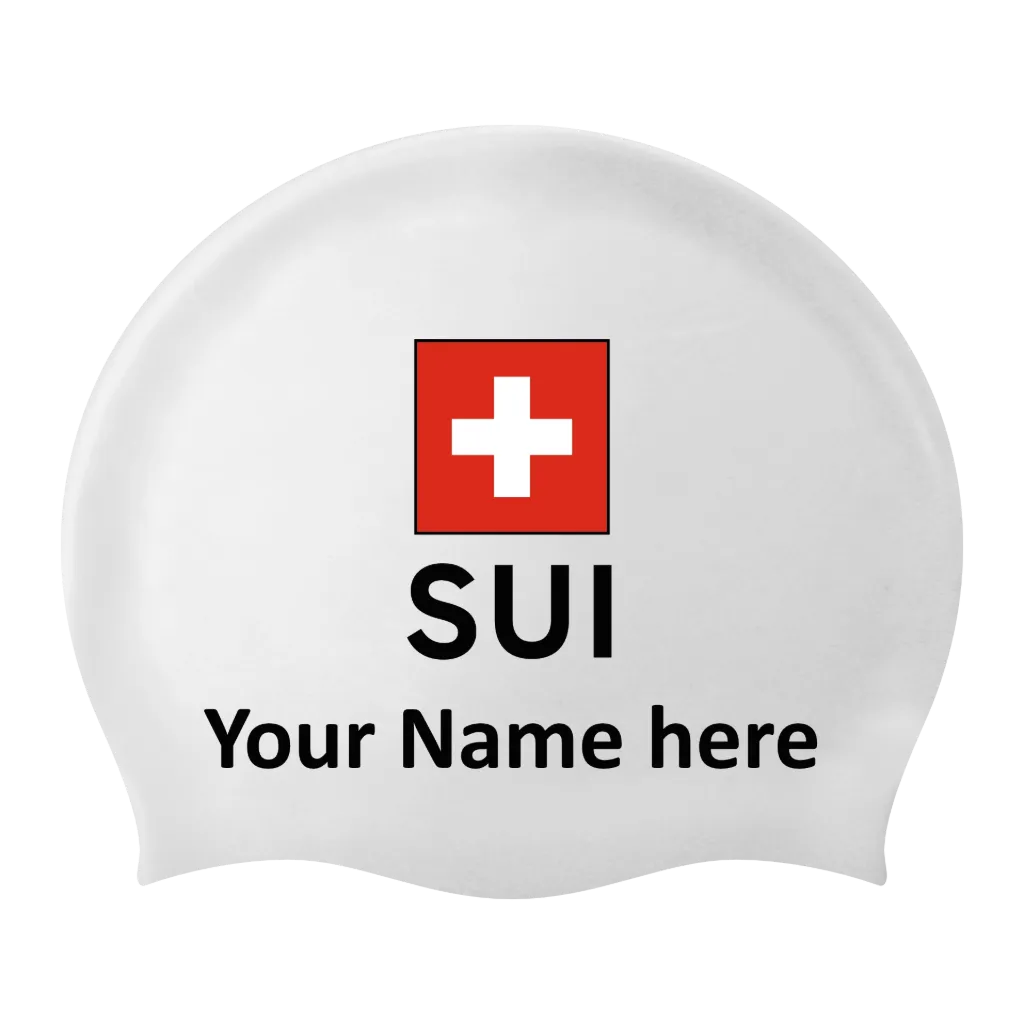 Silicone Swim Cap White with Individual Name and Flag Switzerland - 2 pieces