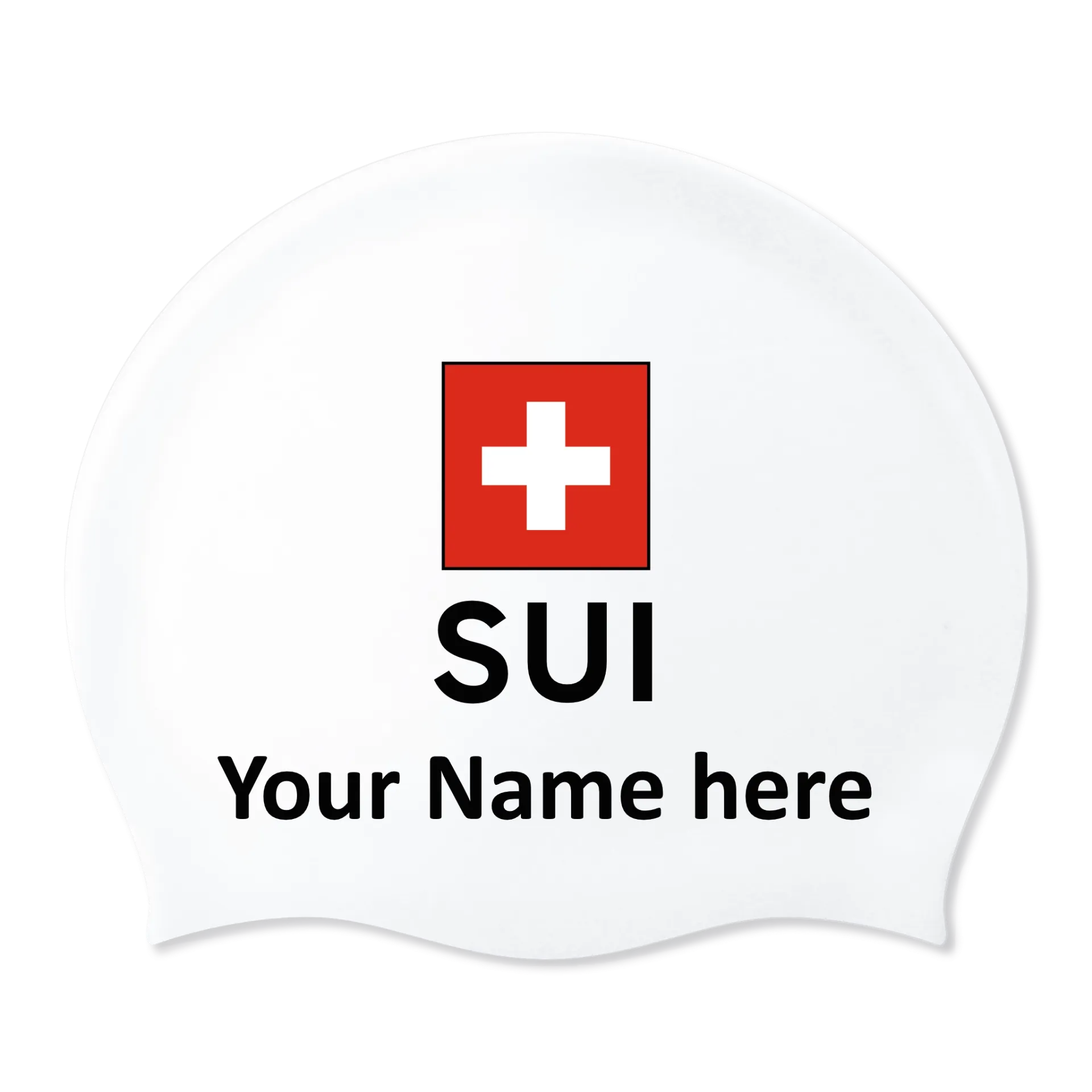 Silicone Swim Cap White with Individual Name and Flag Switzerland - 2 pieces