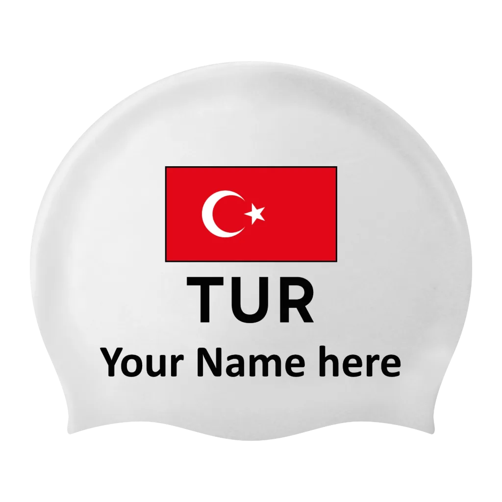 Silicone Swim Cap White with Individual Name and Flag Tyrkiet - 2 pieces