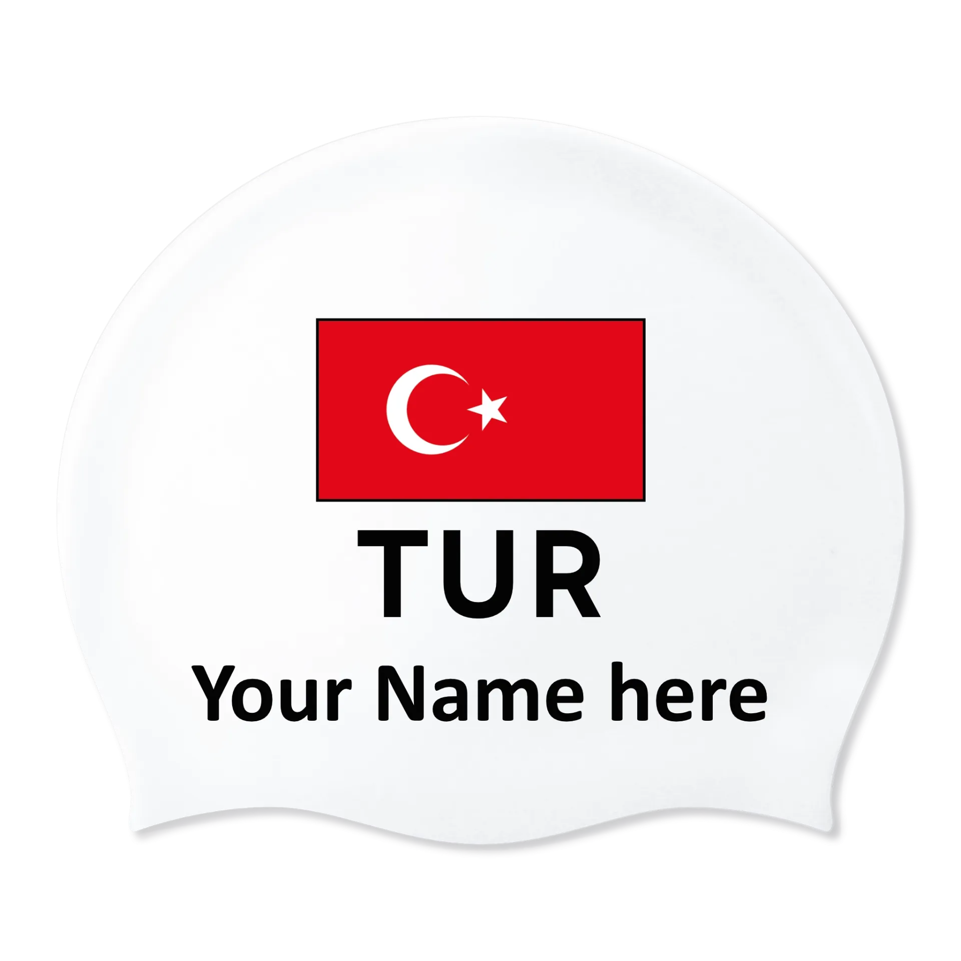 Weiße Badekappe aus Silikon mit individuellem Namen und Flagge Türkei - 2 Stück