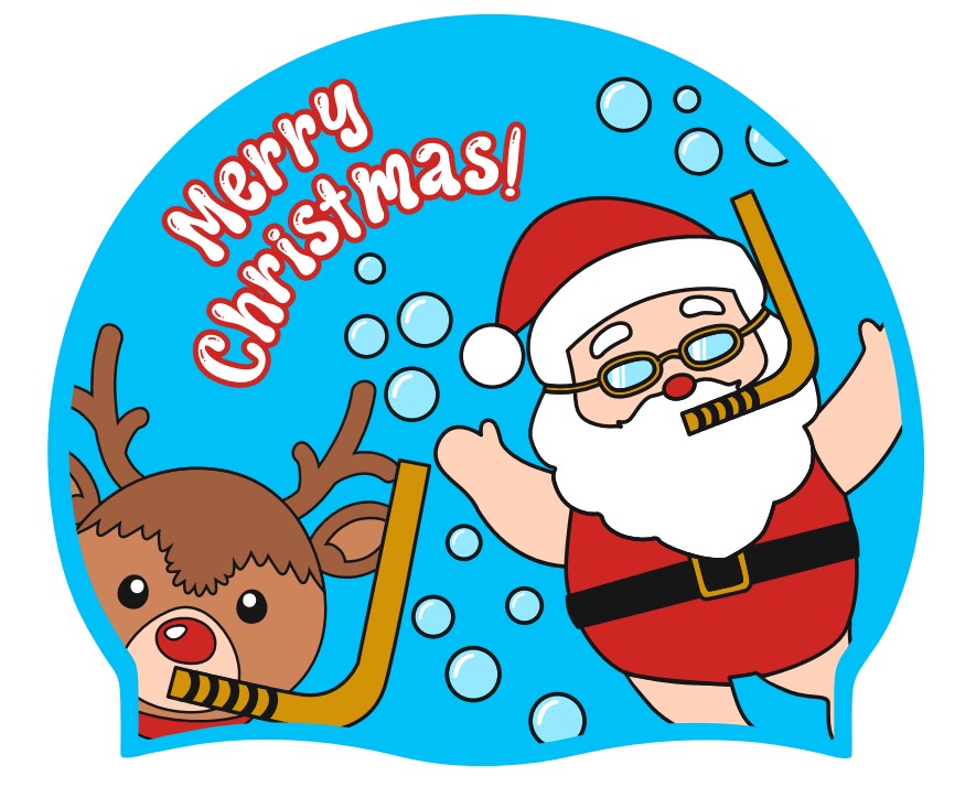 Christmas Swim Cap (skyblue) - Snorkeling Santa and reindeer (Ref 14)