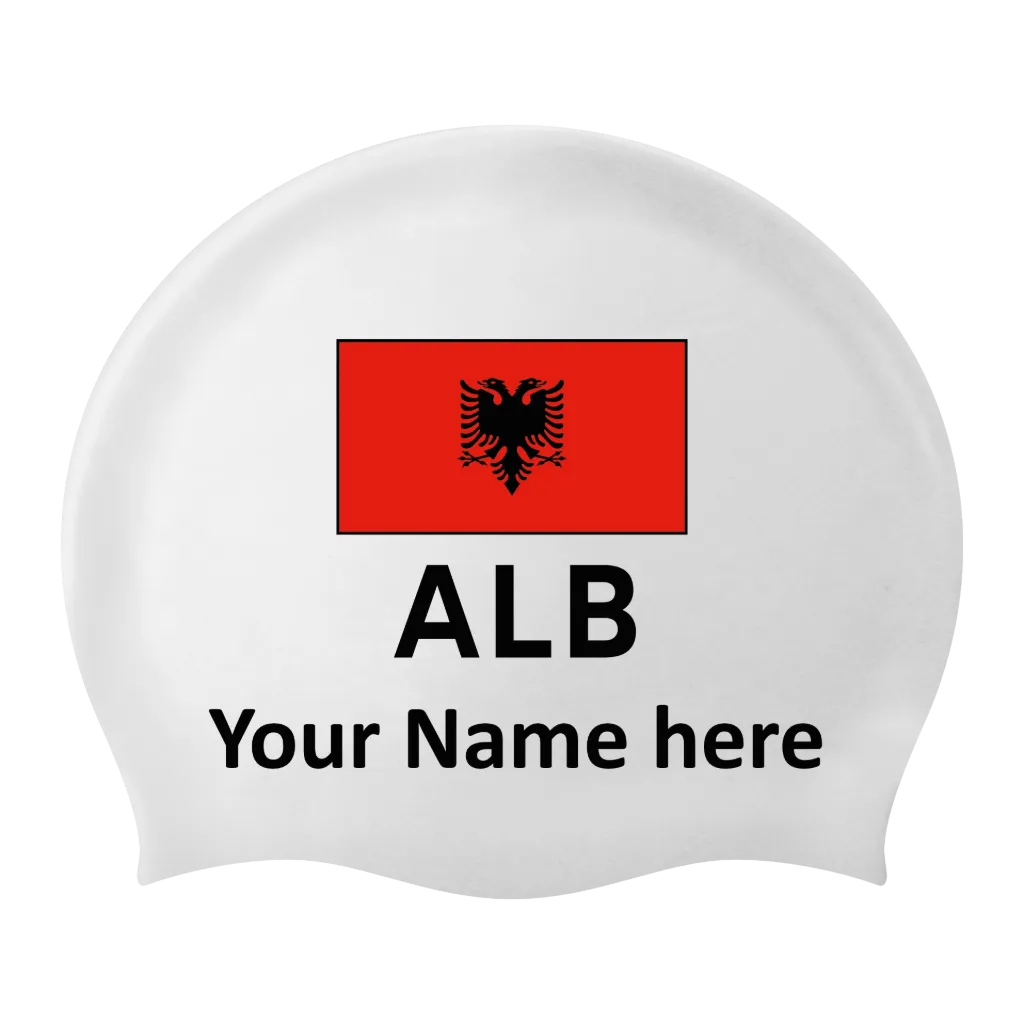 Bonnet de bain Silicone Blanc avec nom individuel et avec drapeau Albanie - 2 pièces