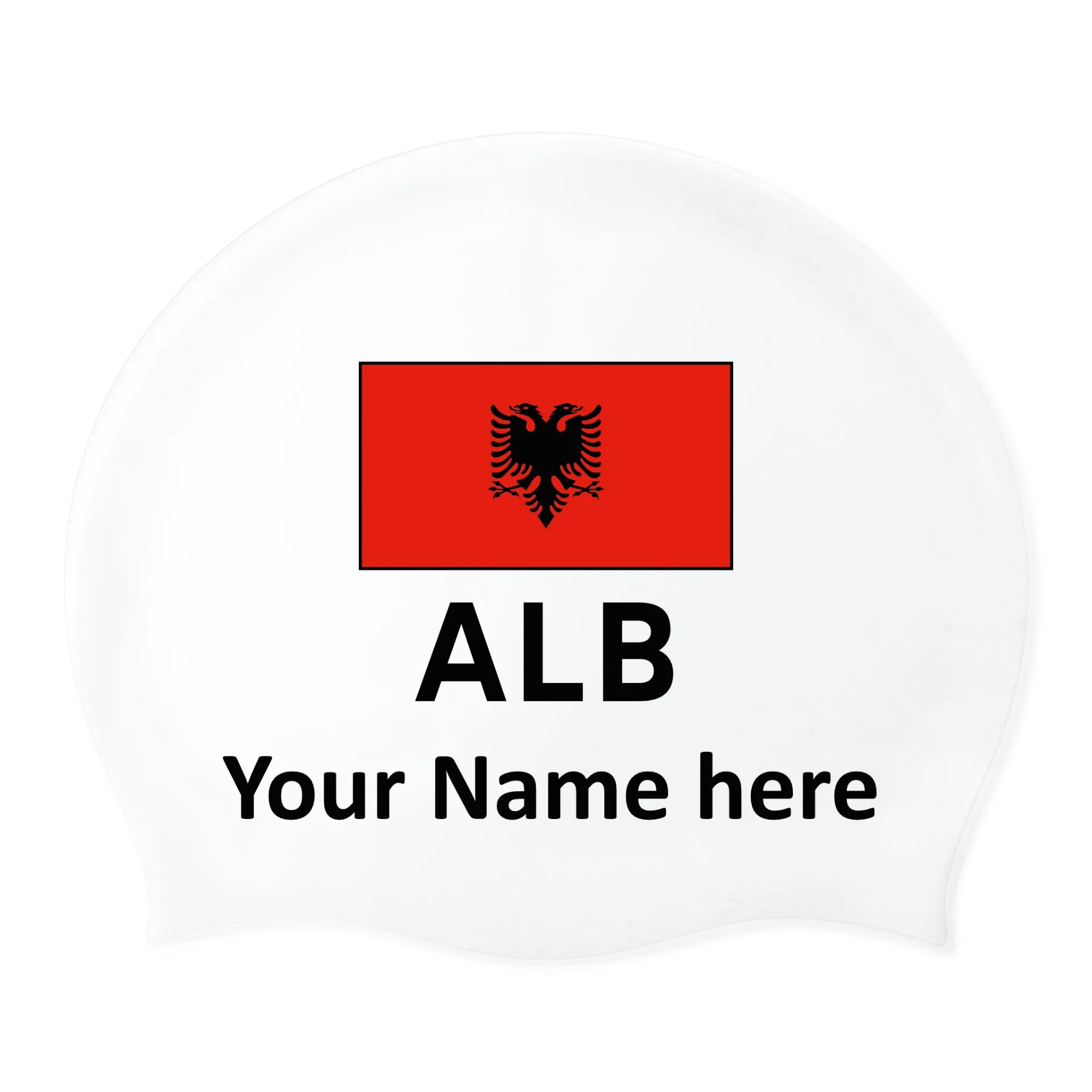 Weiße Badekappe mit Namen aus Silikon mit Flagge Albanien - 2 Stück