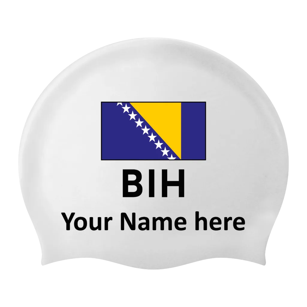Bonnet de bain Silicone Blanc avec nom individuel et avec drapeau Bosnie-Herzégovine - 2 pièces