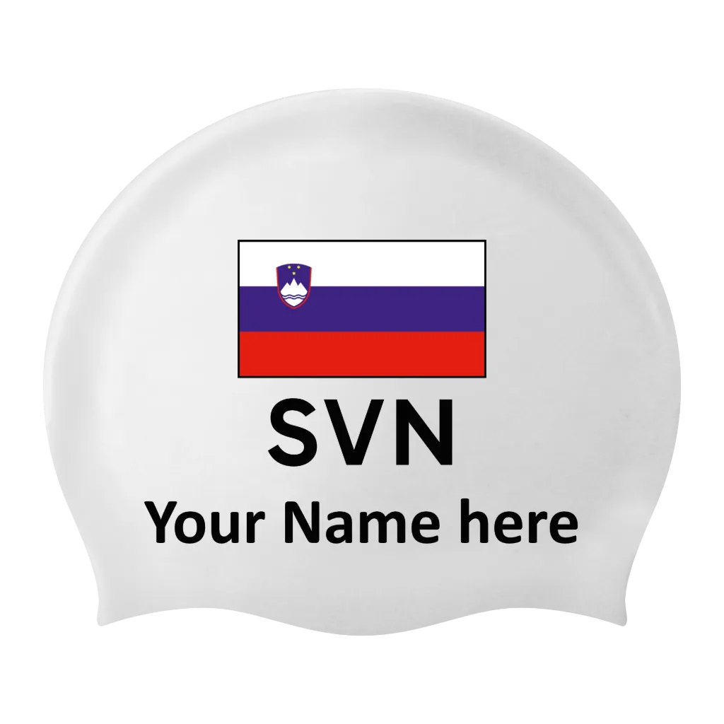 Silicone Badmuts Wit met individuele naam en Vlag Slovenië - 2 stuks