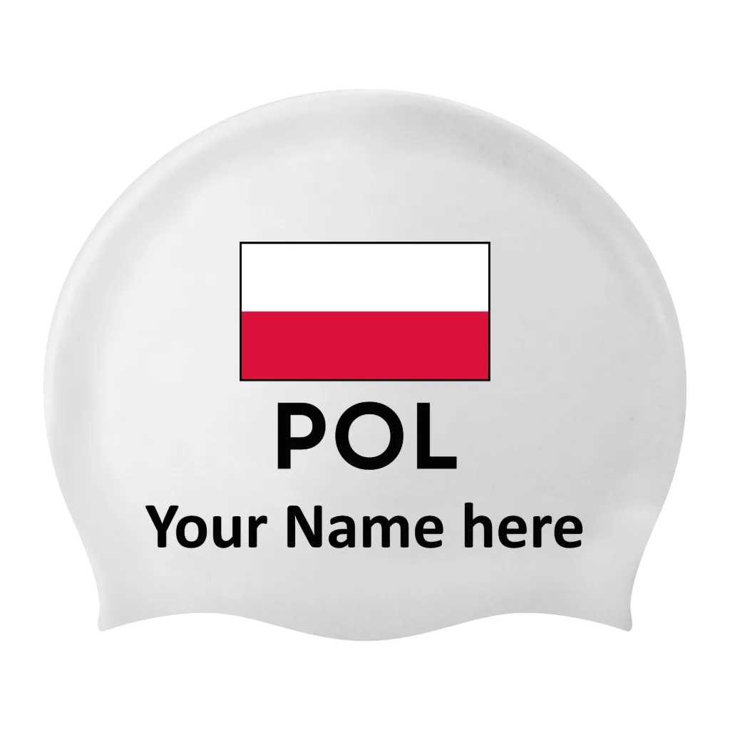 Bonnet de bain Silicone Blanc avec nom individuel et avec drapeau Pologne - 2 pièces