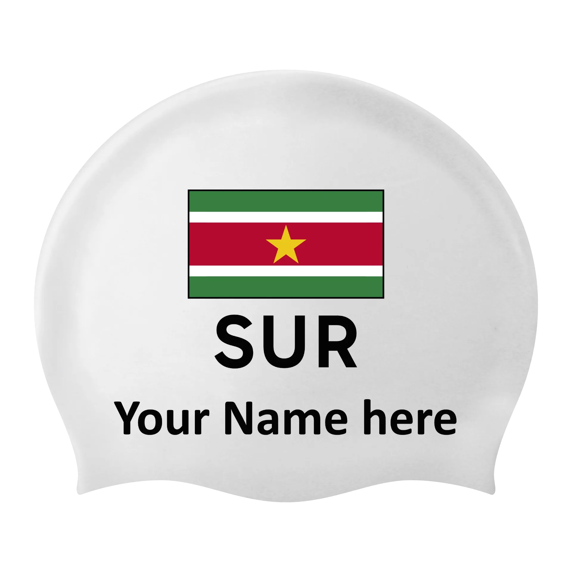 Bonnet de bain Silicone Blanc avec nom individuel et avec drapeau Suriname- 2 pièces