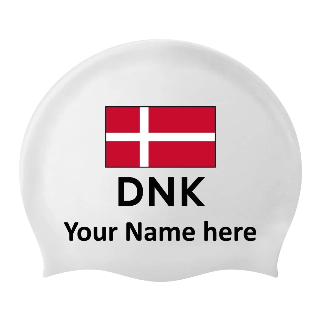 Bonnet de bain Silicone Blanc avec nom individuel et avec drapeau Danemark - 2 pièces