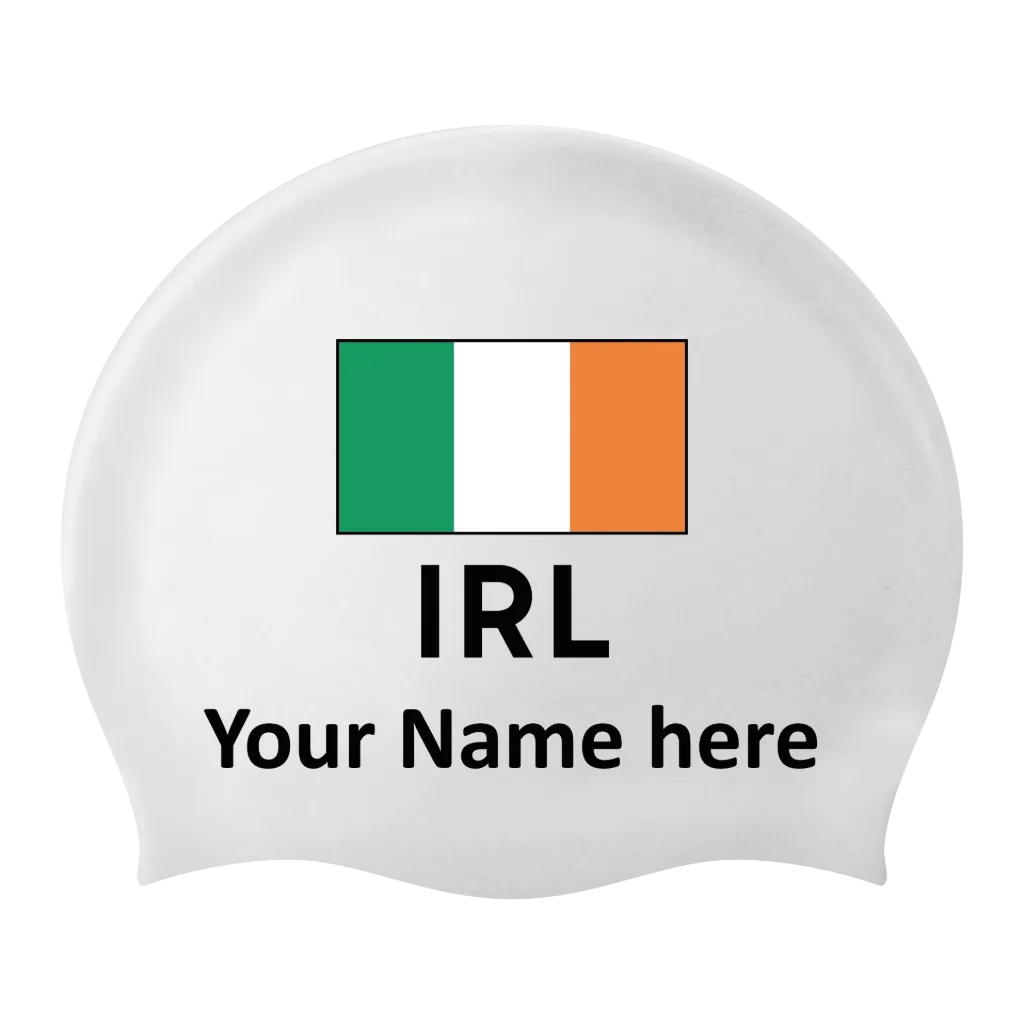 Bonnet de bain Silicone Blanc avec nom individuel et avec drapeau Irlande - 2 pièces