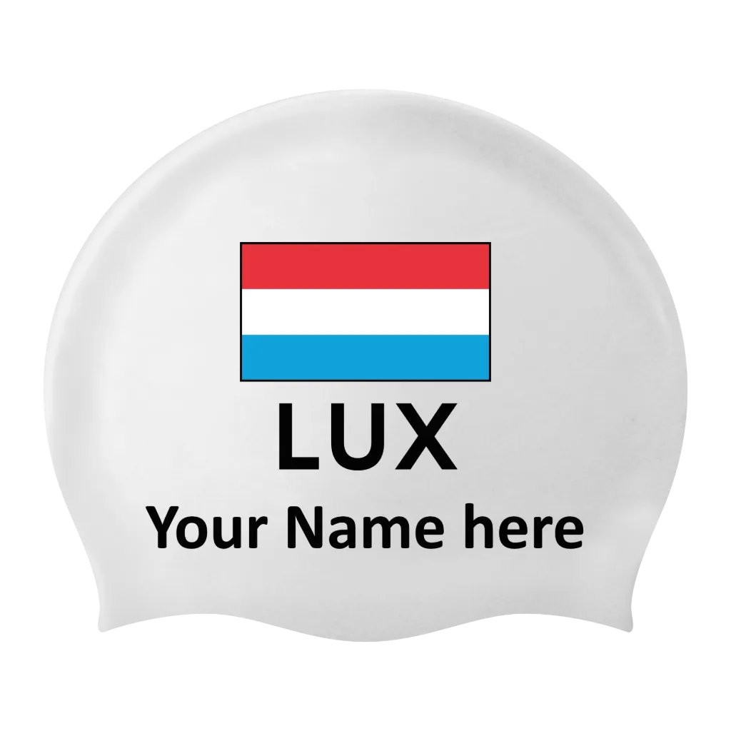 Silicone Badmuts Wit met individuele naam en Vlag Luxemburg - 2 stuks
