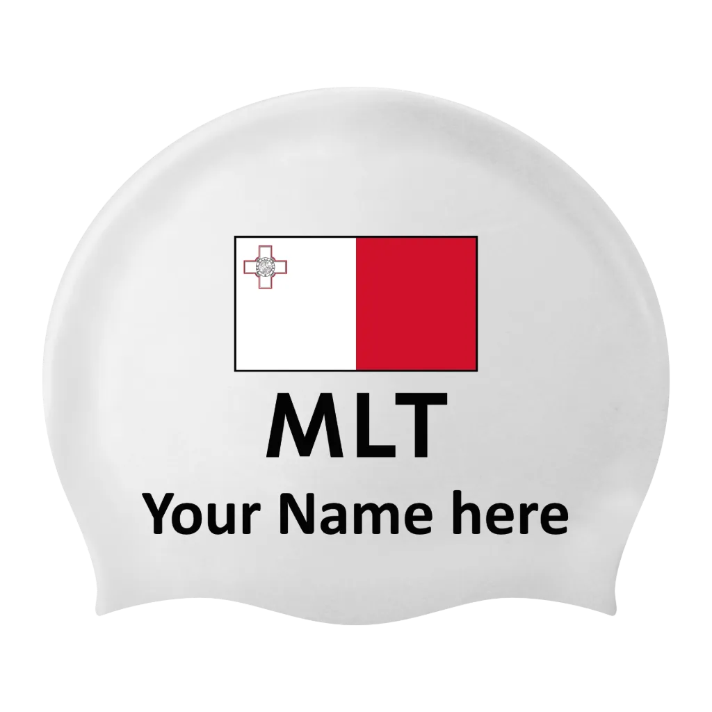 Bonnet de bain Silicone Blanc avec nom individuel et avec drapeau Malte - 2 pièces