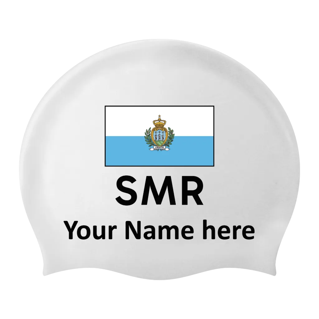 Bonnet de bain Silicone Blanc avec nom individuel et avec drapeau Saint-Marin - 2 pièces