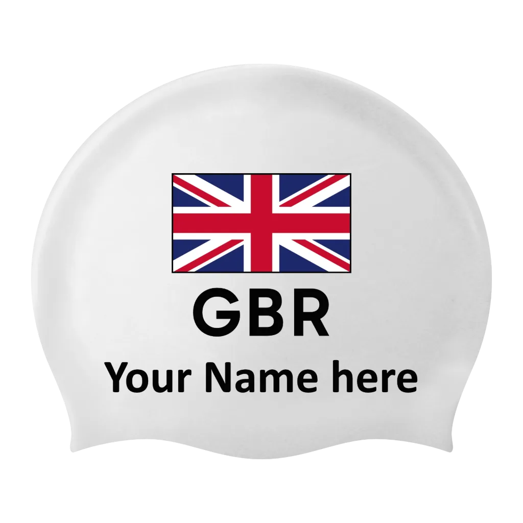 Bonnet de bain en silicone blanc avec nom individuel et drapeau Royaume-Uni - 2 pièces