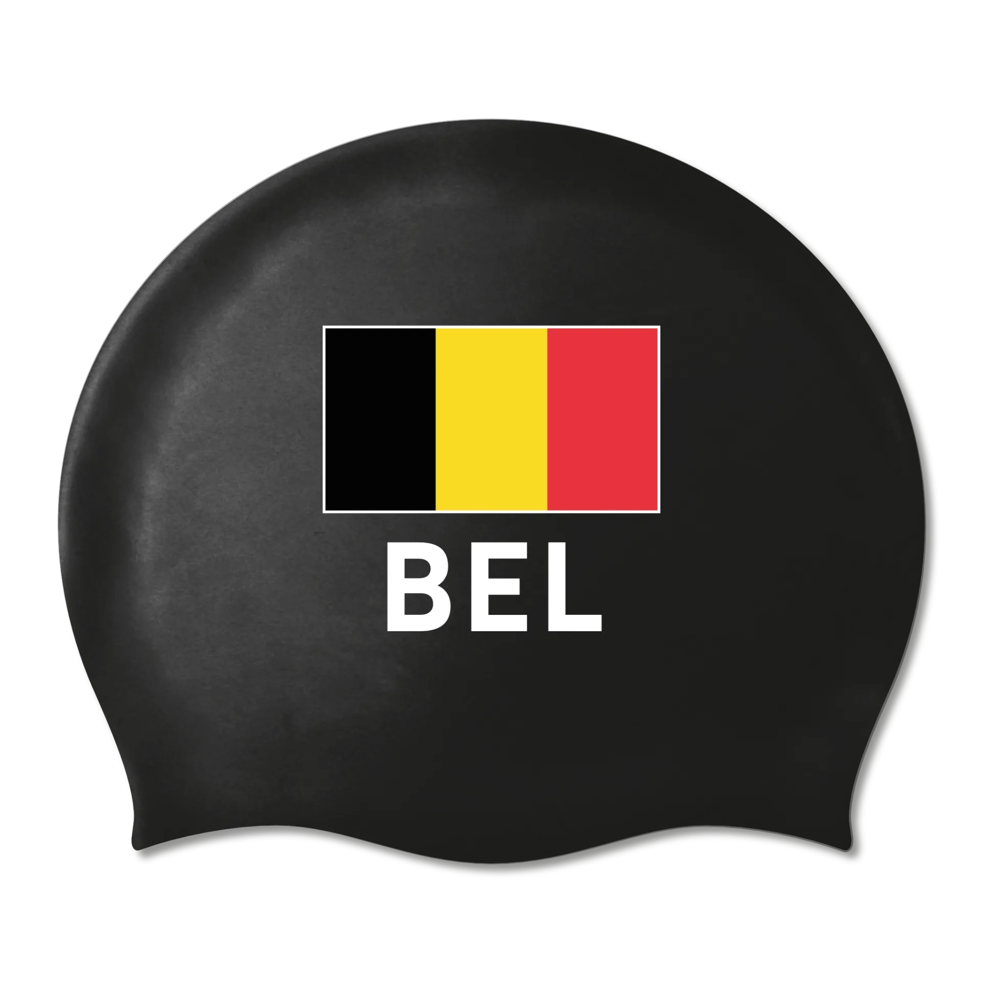 Schwarze Badekappe aus Silikon mit belgischer Flagge